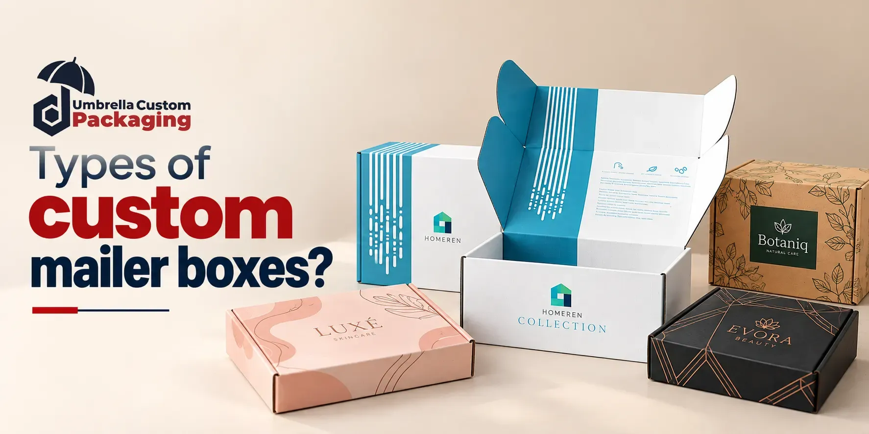 Different types of custom mailer boxes, including roll end tuck front, roll end lock front, tab lock, and die cut designs